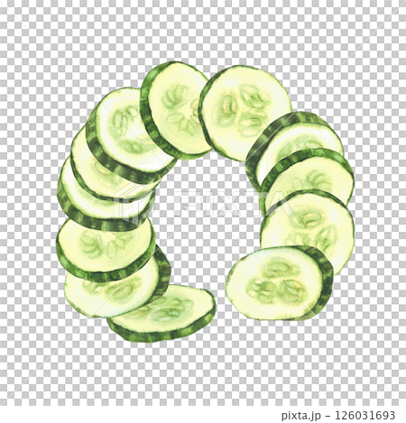 Watercolor cucumber slices. Fresh vegetable slised cucumber circles with seeds in round composition Realistic hand drawn food illustration for salad, cosmetic label design. Isolated from background Watercolor cucumber slices. Fresh vegetable slised cucumber circles with seeds in round composition Realistic hand drawn food illustration for salad, cosmetic label design. Isolated from background 126031693