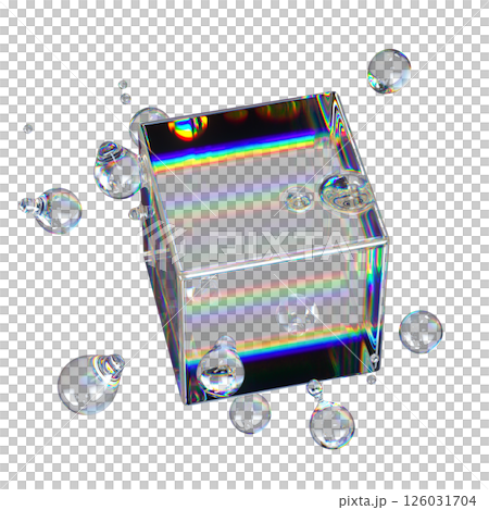 Metaball Liquid Transparent Iridescent Blobs With Rotating Cube. Metaball Liquid Transparent Iridescent Blobs With Rotating Cube. 126031704