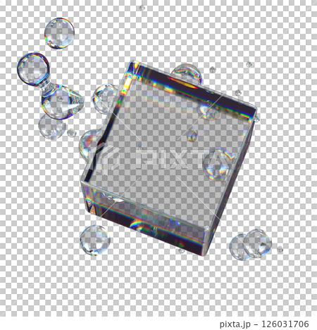 Metaball Liquid Transparent Iridescent Blobs With Rotating Cube. Metaball Liquid Transparent Iridescent Blobs With Rotating Cube. 126031706