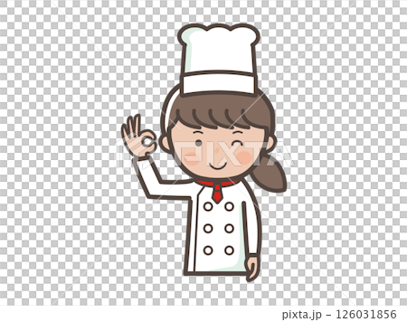 Illustration of a young female chef's upper body sending an OK sign 126031856