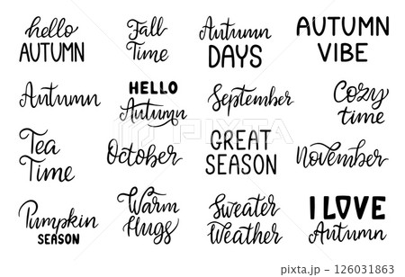Hello autumn lettering. Fall typography, seasonal quotes hand drawn. Pumpkin season, fall time, sweater weather, warm hugs. Elements for cards, neoteric vector clipart 126031863