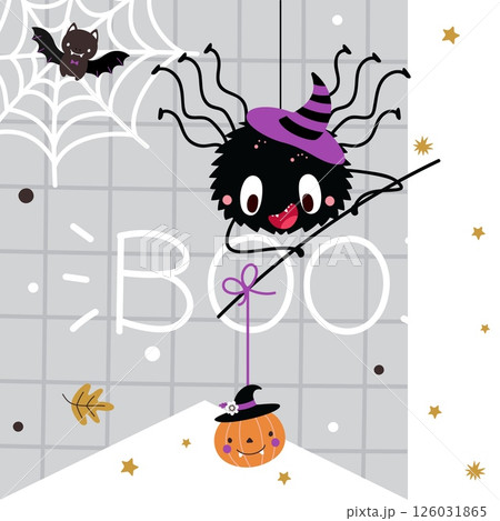 Spider halloween poster. Decorative banner with spider on web with pumpkin, bat and stars. Cartoon children cover design, nowaday vector background Spider halloween poster. Decorative banner with spider on web with pumpkin, bat and stars. Cartoon children cover design, nowaday vector background 126031865