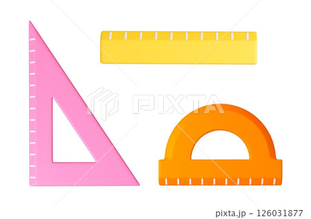 School ruler for drawing 3d. Plastic rulers different colors, isolated realistic office supplies. Items for measuring distance, triangle, protractor, vector set 126031877