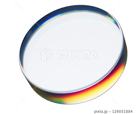 3d transparent glossy round disc with dispersion effect. Rainbow colors reflection glass. 126031884