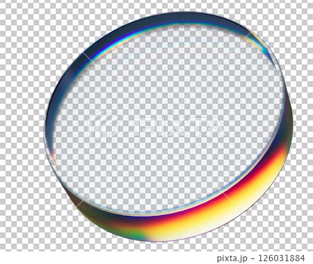 3d transparent glossy round disc with dispersion effect. Rainbow colors reflection glass. 126031884