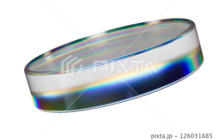 3d transparent glossy round disc with dispersion effect. Rainbow colors reflection glass. 126031885