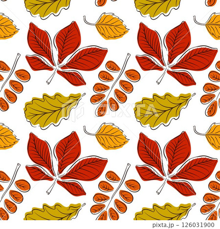 Autumn forest leaves seamless pattern in line art style. Fall season background design in flat style. Perfect for greeting, invitation, wrapping paper, textile. Autumn forest leaves seamless pattern in line art style. Fall season background design in flat style. Perfect for greeting, invitation, wrapping paper, textile. 126031900