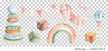 Baby girl Toy Set. Wooden cubes, Pyramid and Rattle with floral motives. Bunting pink Party Flags and plush Bunny. Watercolor Hand drawn Kids illustration in Vintage style isolated on white background 126031913