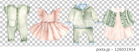 Baby Clothes Set for Boy and Girl. Dress with Cardigan, Bodysuit and Sweatshirt with pants in Boho style. Watercolor Hand drawn Kids illustration of in Vintage style isolated on white background 126031914