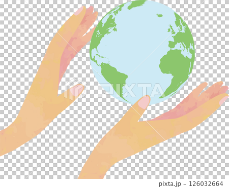 地球を優しく包む手とアメリカ大陸・大西洋の地球儀イラスト 126032664