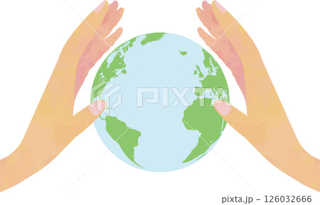 地球を優しく包む手とアメリカ大陸・大西洋の地球儀イラスト 126032666