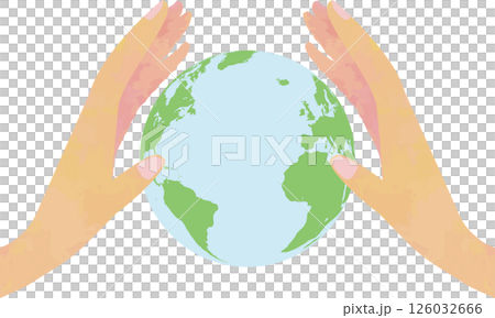 地球を優しく包む手とアメリカ大陸・大西洋の地球儀イラスト 126032666