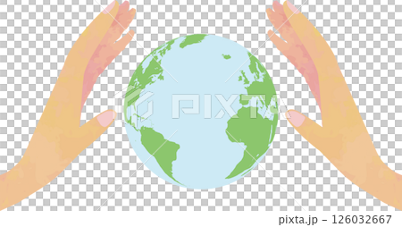地球を優しく包む手とアメリカ大陸・大西洋の地球儀イラスト 126032667