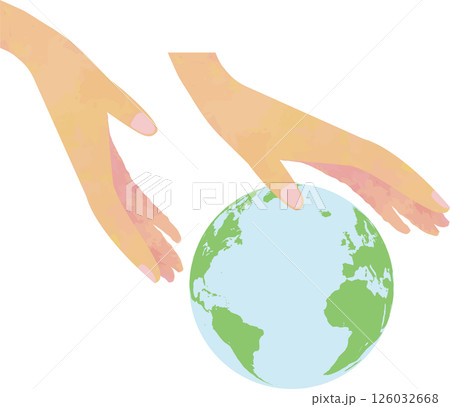地球を優しく包む手とアメリカ大陸・大西洋の地球儀イラスト 126032668