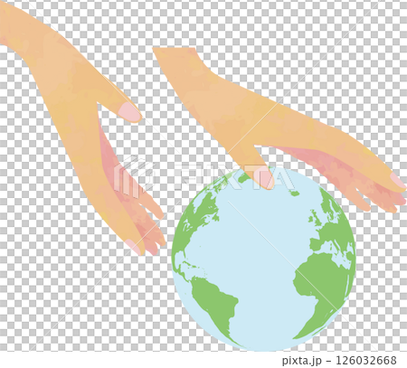 地球を優しく包む手とアメリカ大陸・大西洋の地球儀イラスト 126032668