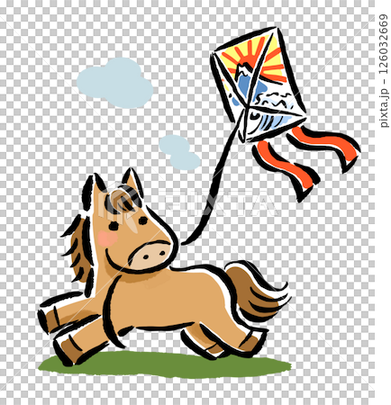 お正月に凧あげをお正月に凧揚げをする干支の馬（午） 126032669