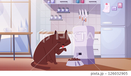 Pet feeders. Animal in interior background eating food from smart digital feeder exact vector cartoon background 126032905