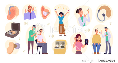 Hearing aid. Medical problems with ear of deaf persons exact healthcare concept illustrations deaf people social connection 126032934
