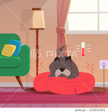Sleeping dog. home pet relaxing on hot place in home interior Sleeping dog. home pet relaxing on hot place in home interior 126032942