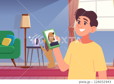 Pets gadgets. ip camera connection to dog owner smartphone. vector background Pets gadgets. ip camera connection to dog owner smartphone. vector background 126032943
