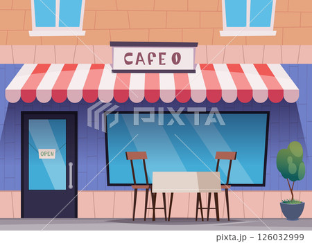 City cafe. exterior of urban cafe with table and chairs cozy place for breakfast or dinner 126032999