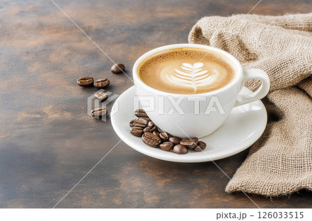 Vintage Coffee Cup with Beautiful Latte Art and Fresh Coffee Beans on Rustic Table Vintage Coffee Cup with Beautiful Latte Art and Fresh Coffee Beans on Rustic Table 126033515