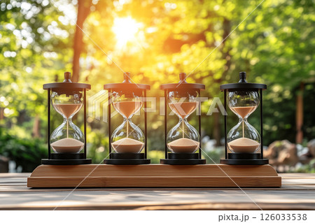 Hourglass Running Through Bulbs Measuring Time in a Beautiful Natural Setting at Sunset Hourglass Running Through Bulbs Measuring Time in a Beautiful Natural Setting at Sunset 126033538