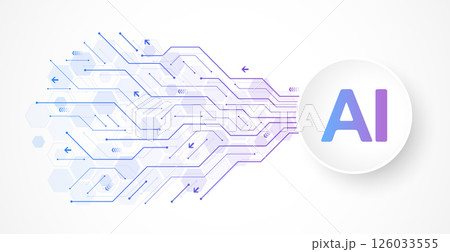 Creative idea AI banner concept for internet technology. Motherboard technology abstract texture design. Software coding. Digital concept for poster, cover, banner, header, web, presentation template 126033555