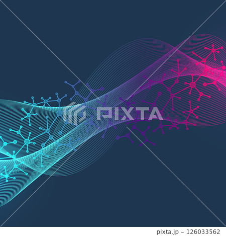 Colorful molecules background with DNA helix, DNA strand, DNA Test. Molecule or atom, neurons. Abstract structure for science, healthcare or medical background, banner. Scientific vector illustration 126033562