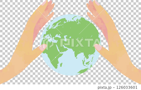 Illustration of hands gently holding the earth and the globe of Eurasia, Africa, and the Indian Ocean 126033601