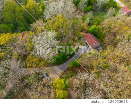 Top-down aerial view of a small house with a red-tiled roof, surrounded by a forest with trees in early spring colors, and a narrow driveway leading to a parked car. 126033628