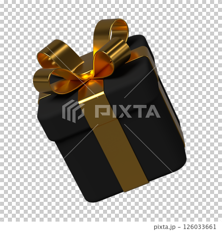 3d gift box with bow, gold and black 126033661