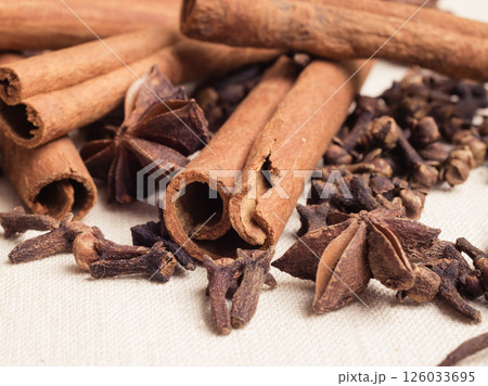 Spices cinnamon sticks anise stars and cloves Spices cinnamon sticks anise stars and cloves 126033695