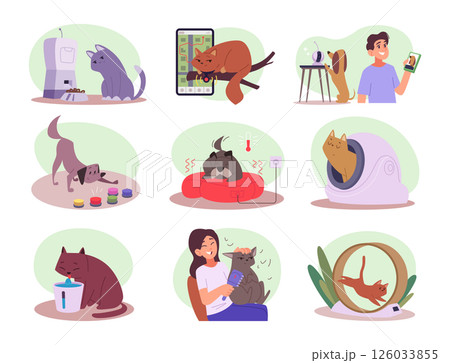 Pet care. Smart technology items for domestic animals automatic feeders digital trackers for cat and dogs cameras exact vector collection in cartoon style Pet care. Smart technology items for domestic animals automatic feeders digital trackers for cat and dogs cameras exact vector collection in cartoon style 126033855