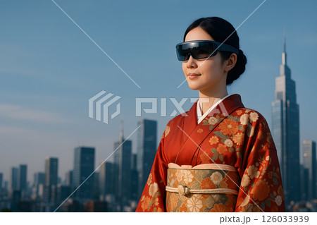 近未来都市で着物を着た女性がARグラスをかけている 126033939