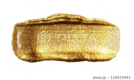 Golden hand drawn smear stain. Acrylic texture with paper effect. Gold brush stroke. Design element. 126033943