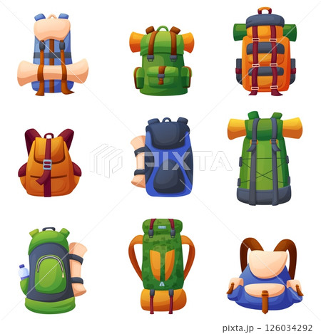Cartoon camping backpacks. Outdoor hiking travellers bags, touristic rucksacks or knapsack with mat rolls. Nature adventures accessories, nowaday vector set Cartoon camping backpacks. Outdoor hiking travellers bags, touristic rucksacks or knapsack with mat rolls. Nature adventures accessories, nowaday vector set 126034292