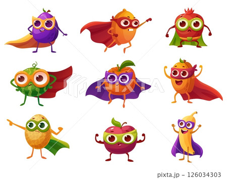 Fruits superheroes. Watermelon apple banana lemon wear red capes and hero masks. Cartoon fresh fruit in action poses, energy nowaday vector characters Fruits superheroes. Watermelon apple banana lemon wear red capes and hero masks. Cartoon fresh fruit in action poses, energy nowaday vector characters 126034303