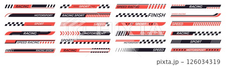 Racing stripes. Sport style stickers for moto auto truck boats. Different vehicle design vinyl elements. Race competition info stripes, racy vector set 126034319