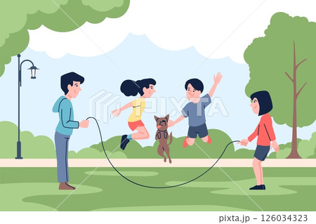 Skipping rope jumping in park. Children outdoor activity, play with jump ropes. Girls boys and dog having fun in garden, team game, recent vector scene Skipping rope jumping in park. Children outdoor activity, play with jump ropes. Girls boys and dog having fun in garden, team game, recent vector scene 126034323