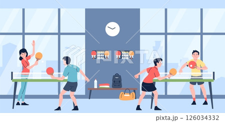 Ping pong game in gym. Workout or sport competition, people playing table tennis. Athletes in uniform play with opponents, recent vector scene 126034332