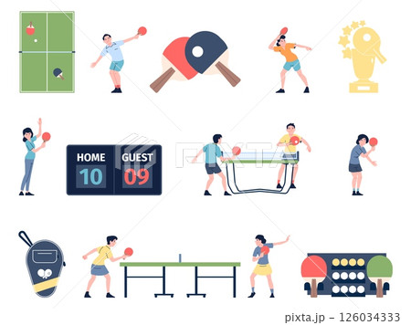 Ping pong flat clipart. People playing table tennis with opponents. Sport game athletes competition, tennis equipment, ball and rackets, recent vector set 126034333