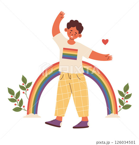 LGBTQ happy Person with Rainbow. LGBT community. Festive human with short haircut symbolizing Pride Month and self-love. Vector Illustration LGBTQ happy Person with Rainbow. LGBT community. Festive human with short haircut symbolizing Pride Month and self-love. Vector Illustration 126034501
