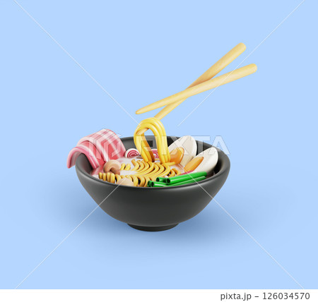 Noodle with chopsticks in black bowl. Render realistic icon of ramen soup with eggs, meat and vegetables. Japanese, Chinese and Korean cuisine dish, asian street food, restaurant menu. 3D illustration Noodle with chopsticks in black bowl. Render realistic icon of ramen soup with eggs, meat and vegetables. Japanese, Chinese and Korean cuisine dish, asian street food, restaurant menu. 3D illustration 126034570