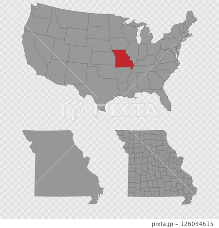 Missouri map set with USA location, clean outline, and full county breakdown. Missouri map set with USA location, clean outline, and full county breakdown. 126034615
