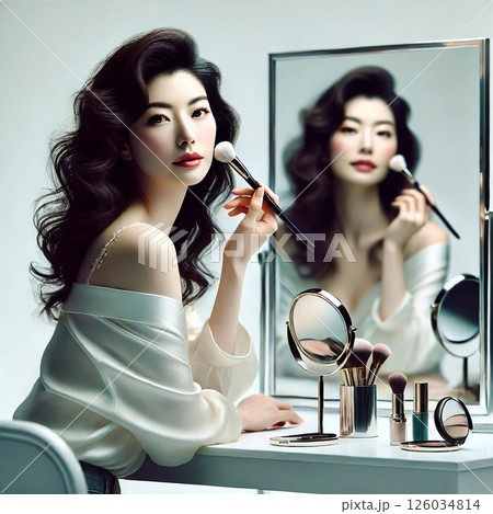 洗面台に座り、鏡を覗き込みながら化粧をする40代の魅惑的な日本人女性 126034814