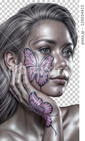 Portrait of a blonde girl with a butterfly tattoo on her cheek Portrait of a blonde girl with a butterfly tattoo on her cheek 126034915