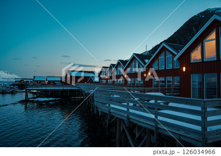 Traditional Red Cabins in Winter Sunrise, Leknes Lofoten Traditional Red Cabins in Winter Sunrise, Leknes Lofoten 126034966