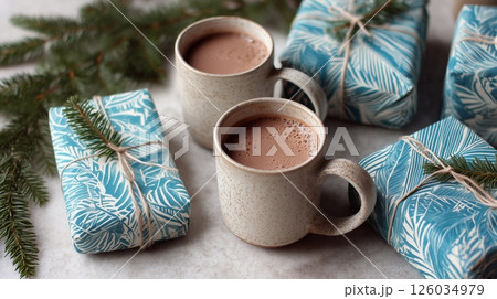 Eco-friendly Christmas setup with hot cocoa, sustainable gift wrapping, pine branches, and cozy winter mood. Natural textures and calm celebration vibe. 126034979
