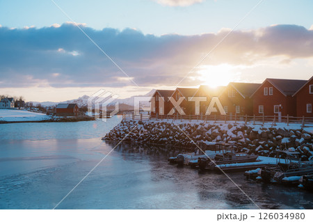 Traditional Red Cabins in Winter Sunrise, Leknes Lofoten 126034980